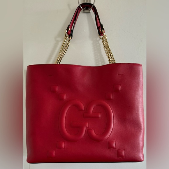 Gucci Handbags - Gucci Red Leather Tote with Embossed GG and Gold Chain Handles